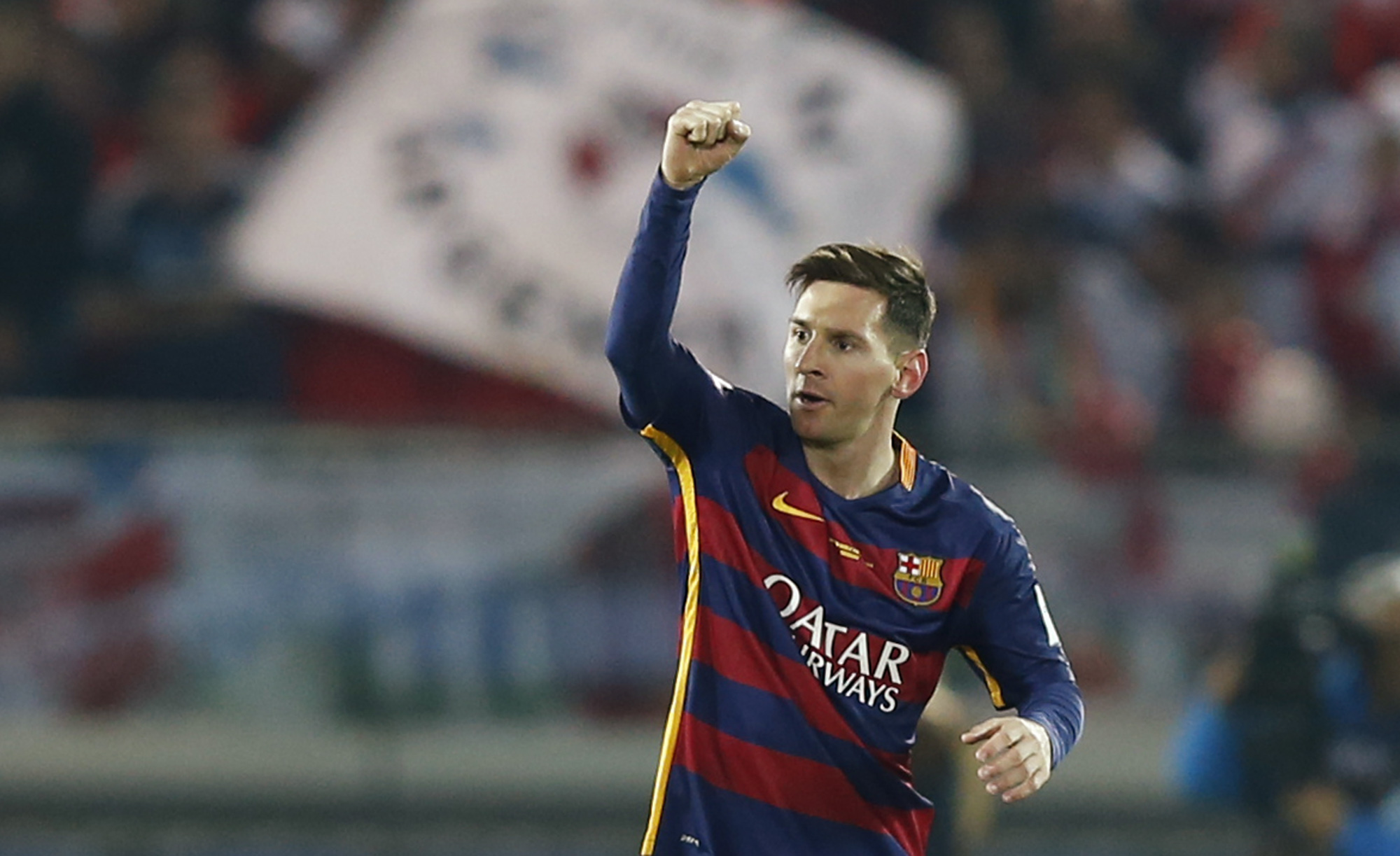 Kanagawa, Japan. 20th Dec, 2015. Lionel Messi (Barcelona) Football/Soccer : Lionel  Messi of Barcelona celebrates after winning the FIFA Club World Cup Japan  2015 Final match between River Plate 0-3 FC Barcelona