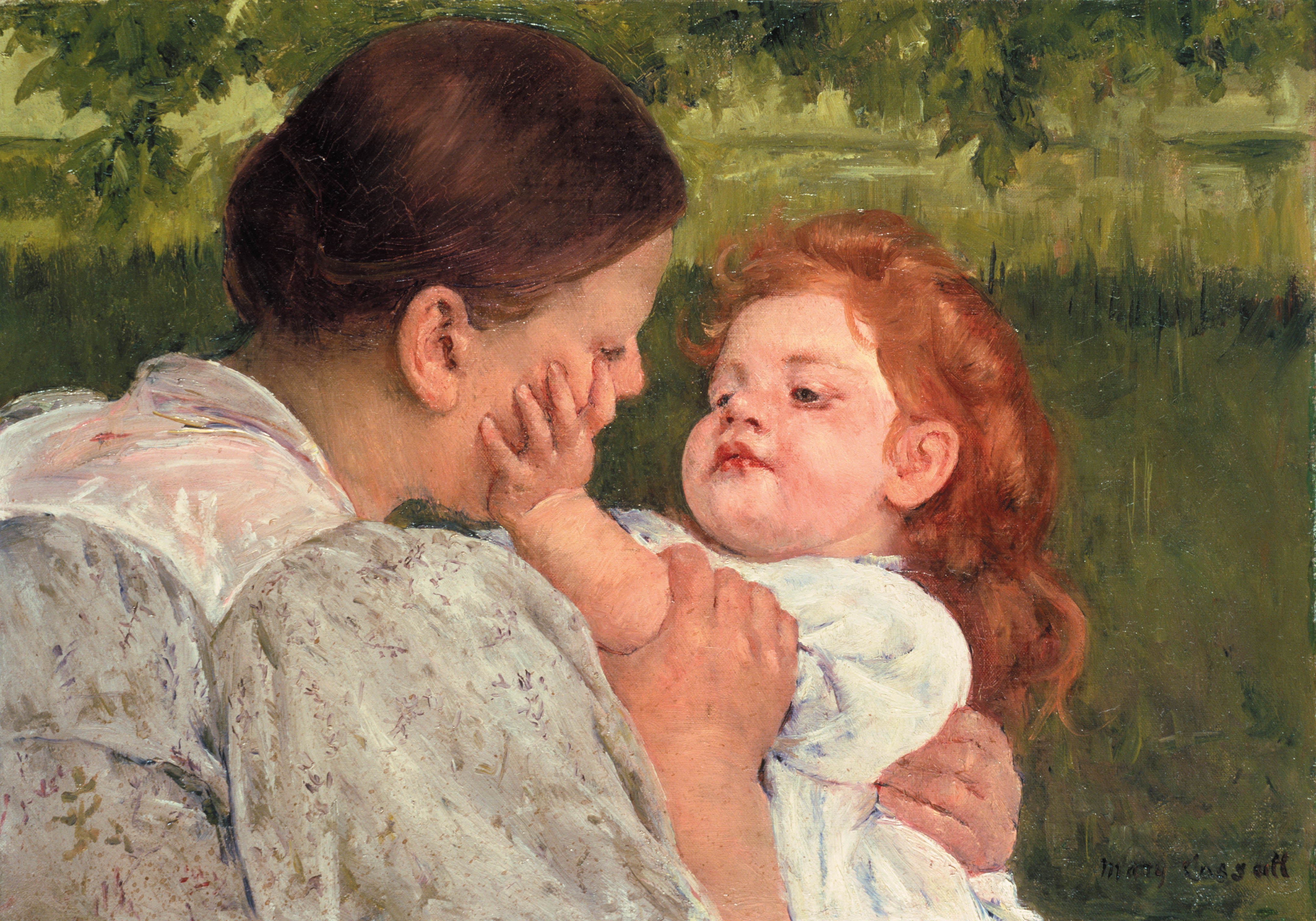 A little kid is holding her mom's face, oild paining