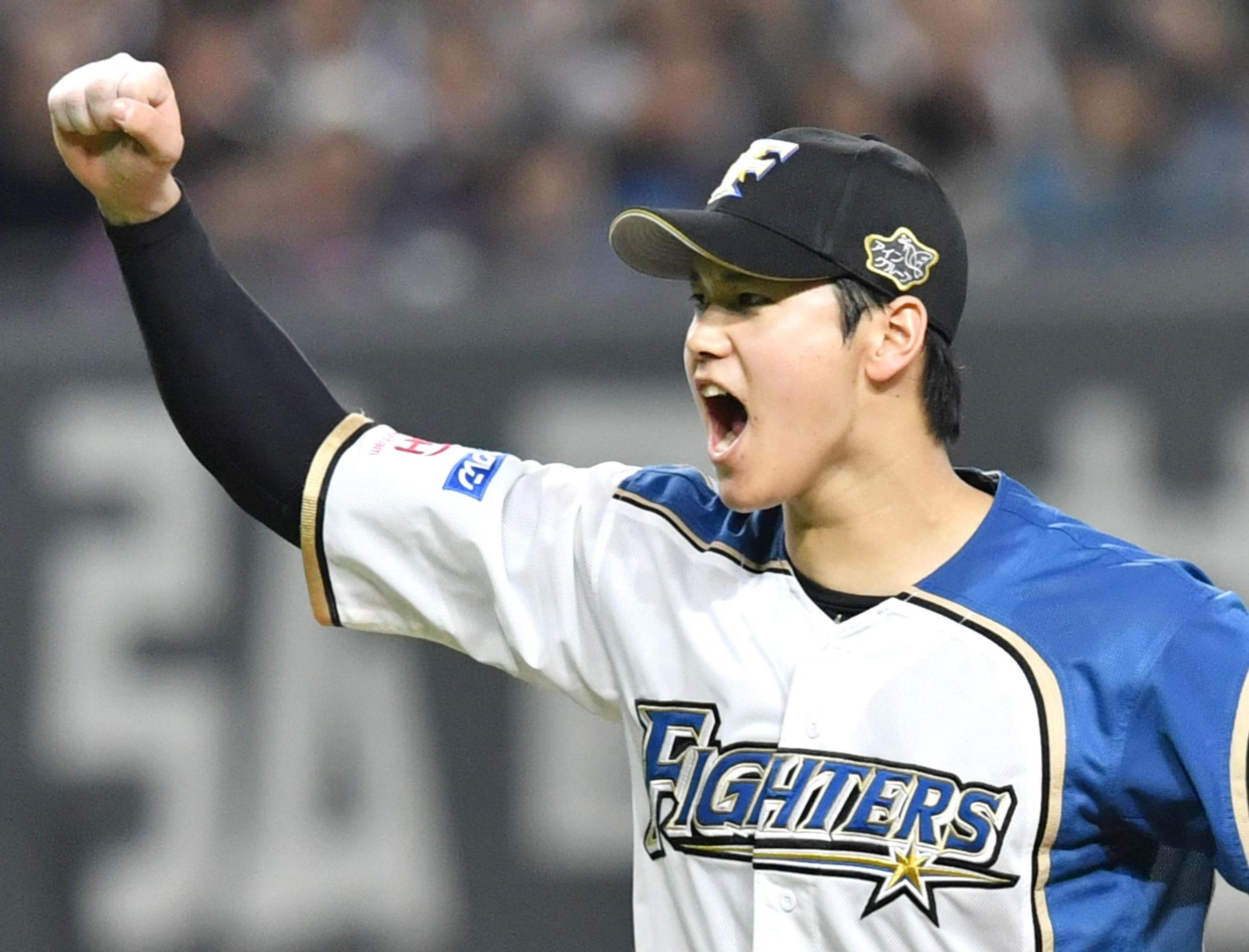 Hokkaido Nippon-Ham Fighters starter Syohei Otani reacts in the 1st inning  during a Nippon Professional Baseball's Pacific League match against Orix  Buffaloes at Sapporo Dome in Sapporo, Hokkaido on Oct. 4, 2017.