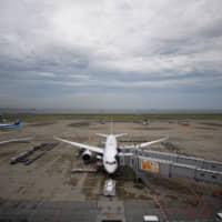 An All Nippon Airways Co. plane waits at a terminal at Haneda Airport in Tokyo in May last year. The airline has started testing a semi-autonomous electric bus to transport passengers and staff. | BLOOMBERG