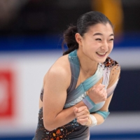 Kaori Sakamoto reacts after her short program at the national figure skating championships at Saitama Super Arena on Thursday. | AFP-JIJI