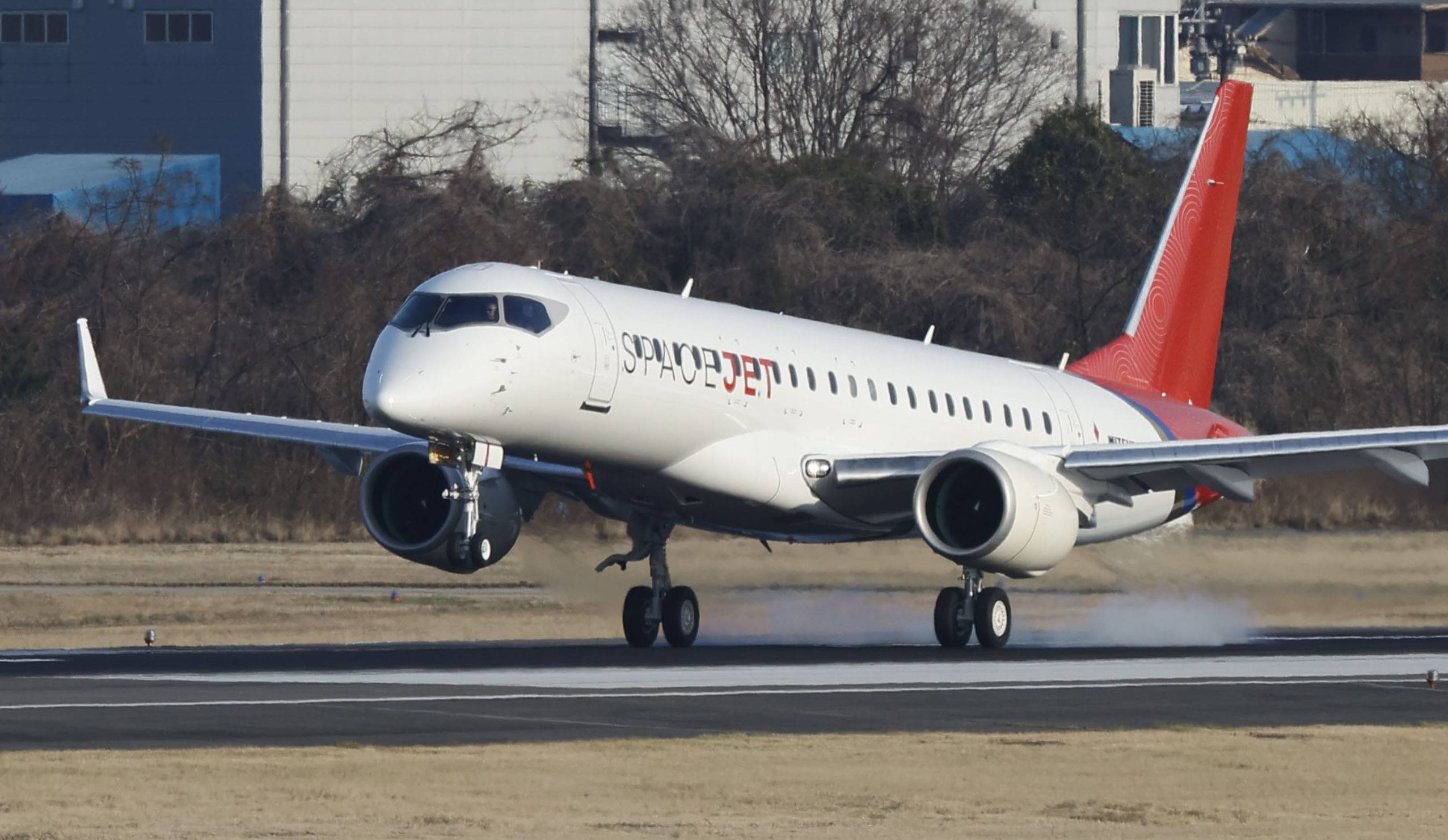 A Mitsubishi SpaceJet test plane at Nagoya airport on March 18, 2020