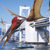 Leaping lizards: An illustration for the exhibition \"Pterosaurs: Rulers of the Skies in the Age of Dinosaurs,\" running until August 31 at the Miraikan science museum in Odaiba, Tokyo, puts the size of the ancient flying reptiles into perspective. | AMY CHAVEZ PHOTO
