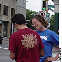 MASSPIRG\'s Hester canvassing on the streets of Cambridge, Mass., last week. | PHOTOS COURTESY OF PARCO THEATER