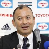 Looking ahead: Brave Blossoms coach Eddie Jones speaks during a news conference in March. | KYODO