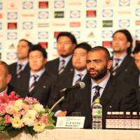 Japan captain Michael Leitch speaks during Tuesday\'s news conference in Tokyo. | KAZ NAGATSUKA