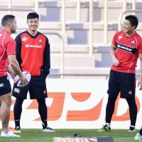 The Brave Blossoms work out on Friday, a day before their test against Argentina at Prince Chichibu Memorial Rugby Ground. | KYODO