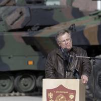 Denmark\'s Defense Minister Claus Hjort Frederiksen speaks during the official ceremony welcoming the deployment of a multinational NATO battalion in Tapa, Estonia, Thursday. | REUTERS