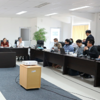 Dian Wahdiana (left) and other Indonesian officials update Japan International Cooperation Agency staff on the progress of the Patimban Port project in March at the Patimban Port Office in West Java, Indonesia. | CLASS II PORT AUTHORITY OFFICE OF PATIMBAN