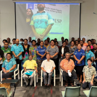 Fiji fisheries officer Navneel Singh (far left) poses with participants at a training session co-organized by JICA and University of the South Pacific marine school at the USP Marine Campus in Fiji in February 2022. | JICA