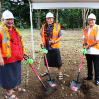 Left to right: Former Samoa Prime Minister Tullaepa Sallele Mallelegaol, former SPREP chief Kost Latu, former Japanese Ambassador Shinya Aoki and a Konoike Construction official pose at the PCCC groundbreaking ceremony in 2018. | PCCC