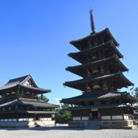 The main hall and five-story pagoda of  Horyuji Temple stand in Nara Prefecture. The  pagoda, the oldest wooden structure in Japan, was built over 1,300 years ago with Japanese cypress.