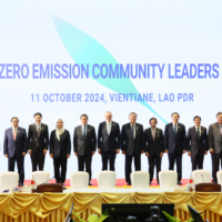 Economy, Trade and Industry Minister Yoji Muto (left) and Prime Minister Shigeru Ishiba (seventh from left) attend the opening of the AZEC Leaders Meeting in Vientiane, on Oct. 11. | JIJI